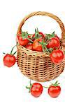 Wicker Basket with Perfect Ripe Cherry Tomatoes with Stems closeup on white background