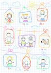 Portraits of happy family. Vector sketch on notebook page