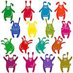 Set of sixteen thick funny rabbit stencils of different colors, cartoon vector illustration