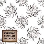 Seamless pattern with bouquet of freesias and cardboard label