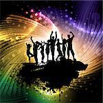Grunge style background with silhouettes of people dancing