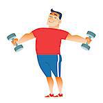 Fat man plays sports with dumbbells. Weight loss health gymnastics