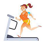 Fat woman on sport stationary treadmill. Girl listening to music