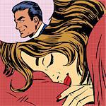 Dream woman man love romance lovers pop art comics retro style Halftone. Imitation of old illustrations