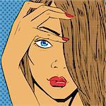 Face the girl looks beautiful pop art comics retro style Halftone. Imitation of old illustrations