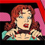 Inexperienced woman driver of the car accident pop art comics retro style Halftone. Imitation of old illustrations