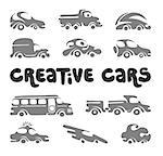 Creative cars design elements, artistic original silhouettes for different projects