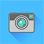 Camera Icon Isolated on Blue Background. Long Shadow.