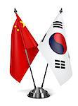 China and South Corea - Miniature Flags Isolated on White Background.