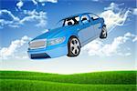 Flying blue car on nature background with green field