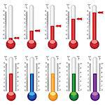 Set of thermometers with coloured liquid on the white background. Also available as a Vector in Adobe illustrator EPS 8 format, compressed in a zip file.