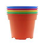 Stack of Colourful Plastic Flower Pots on White Background