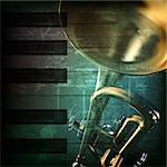 abstract green grunge vintage music background with trumpet and piano keys