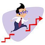 Businessman takes a step over the obstacle graph of sales. The image of business as a sport. Businessman in sports situations