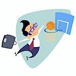 Businessman throws a basketball into the basket. The image of business as a sport. Businessman in sports situations