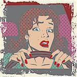 Scared woman driver behind the wheel of a car pop art comics retro style Halftone. Imitation of old illustrations. Delave effect old paper