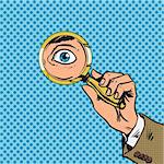 Look through a magnifying glass searching eyes pop art comics retro style Halftone. Imitation of old illustrations