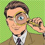 The man is a detective looking through magnifying glass search pop art comics retro style Halftone. Imitation of old illustrations