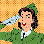 Woman pilot stewardess shape salutes art comics retro style Halftone. Imitation of old illustrations