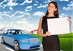 Smiling young businesswoman holding blank paper on nature background with blue car