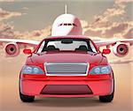 Image of red car with jet behind on red sky background
