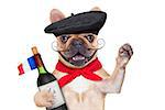 french bulldog with red wine and  beret hat, isolated on white background, waving paw or high five
