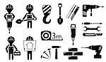 black isolated tools and builders silhouette  set