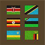 Flags of Kenya, Tanzania, Uganda, Zanzibar , Rwanda and Zambia. Flags with light grunge dirty effect.