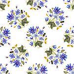 Seamless pattern with watercolor flowers.  Blue flowers on a white background.  Vector illustration.