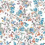 Seamless pattern with watercolor flowers.   Blue  and orange  flowers on a white background. Vector illustration.