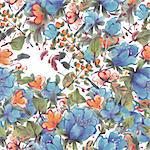 Seamless pattern with watercolor flowers.  Blue  and orange  flowers on a white background. Vector illustration.