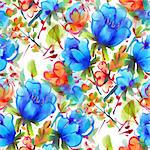 Seamless pattern with watercolor flowers. Bright blue and orange flowers on a white background.  Vector illustration.