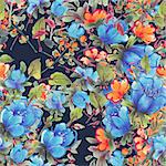 Seamless pattern with watercolor flowers.  Blue and orange flowers on a dark background.  Vector illustration.