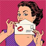 girl with the envelope for the letter and kiss lipstick pop art retro style