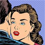 Woman hugging man with the sad face parting love Dating sadness pop art retro style