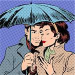 Rain man and woman under umbrella romantic relationship courtship Halftone style art pop retro vintage