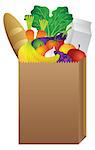Grocery Brown Paper Bag of Food Vegetable Fruits Bread Milk Carton Color Illustration