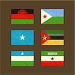 Flags of Malawi, Djibouti, Somalia, Mozambique, Puntland and Somaliland. Flags with light grunge dirty effect.
