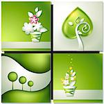 Card with abstract green paper backgrounds with tree and flowers in pot