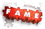 Fame - Text on Red Puzzles with White Background. 3D Render.