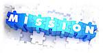 Mission - Text on Blue Puzzles on White Background. 3D Render.