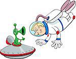 Cartoon Illustration of Spaceman or Astronaut with Alien in Space