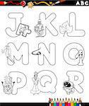 Black and White Cartoon Illustration of Capital Letters Alphabet with Objects for Children Education from J to R for Coloring Book