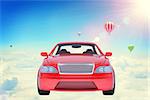 Red car on clouds with balloons in blue sky