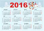 2016 Calendar template. Monkey goes skiing. Illustration in vector format
