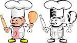 Cartoon drawing of a chef cook with rolling pin and chicken leg