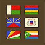 Flags of Madagascar, Reunion, Seychelles, Mauritius, Mayotte and Comoros. Flags with light grunge dirty effect.