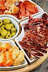 Arrangement of Spanish Snacks with Various Cheeses, Jamon, Cured Ham and Green Olives on Serving Plate closeup on Wooden background