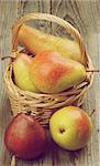Arrangement of Red, Yellow and Conference Pears in Wicker Basket closeup on Rustic Wooden background. Retro Styled