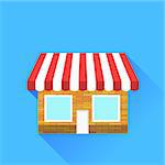 Shop Icon Isolated on Blue Background. Long Shadow.